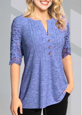 Crinkle Chest Lace Stitching Split Neck T Shirt