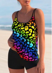 Leopard Rainbow Color Double Straps Tankini Set 