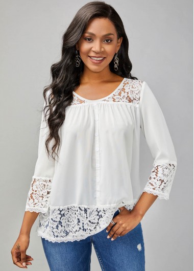 Rosewe Women Blouse White Lace V Neck Button Up Overlay - XXL