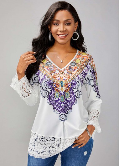 Rosewe Women Blouse White Lace Printed V Neck - XL