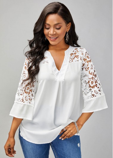 Women&apos;S White Split Neck Lace Panel Side Slit Tunic Blouse Solid Color Three Quarter Sleeve Tunic Top By Rosewe - XL