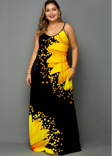 Rosewe Women Plus Size Sunflower Print Spaghetti Strap Maxi Vacation Dress With Side Pockets Black And Yellow Sleeveless Straight Tunic Casual - 1X