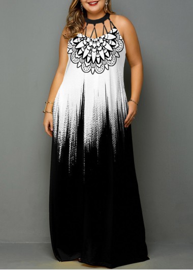 Rosewe Women Black And White Ombre Dip Dye Tribal Printed Maxi Straight Plus Size Vacation Dress Gradient Spaghetti Strap Tunic Casual Dress - 4X