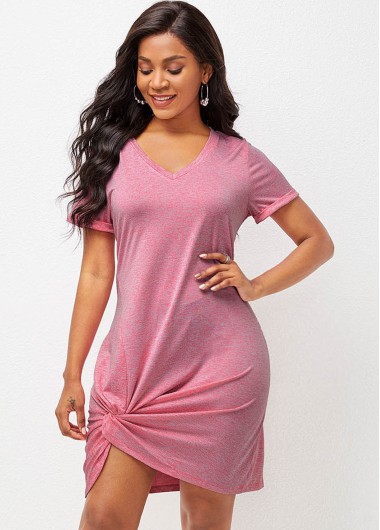 Rosewe Wedding Guest Dress Pink Knotted Hem Short Sleeve Dress - S