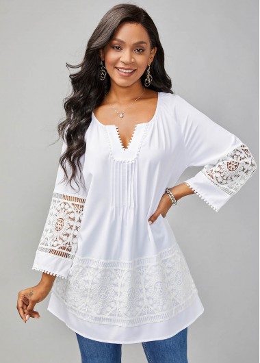 Rosewe 3/4 Sleeve Split Neck Lace Stitching Blouse - M