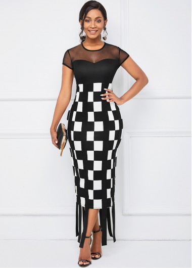 Rosewe Black Dresses Round Neck Mesh Stitching Plaid Dress - XXL
