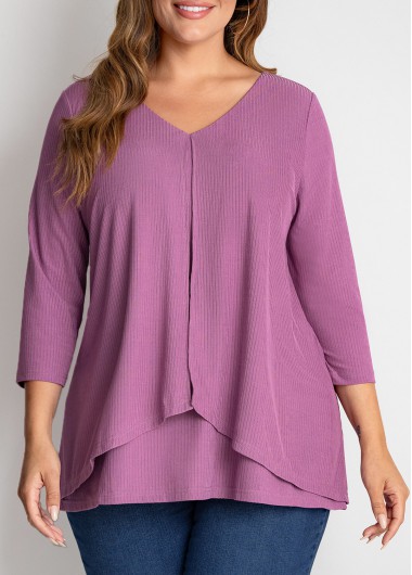 Rosewe 3/4 Sleeve Plus Size V Neck T Shirt - 1X