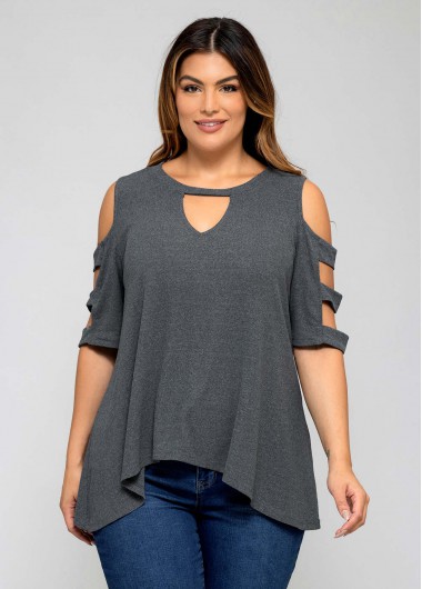 Rosewe Solid Plus Size Ladder Cutout T Shirt - 2X