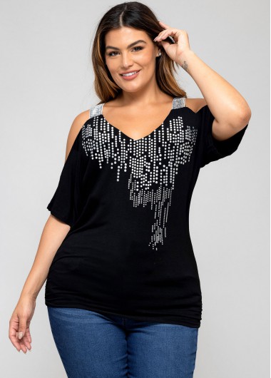 Rosewe Polka Dot Cold Shoulder Plus Size T Shirt - 3XL