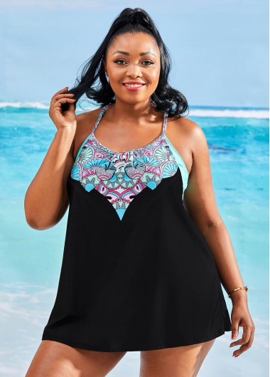 Rosewe Spaghetti Strap Plus Size Tribal Print Swimdress and Panty - 3X