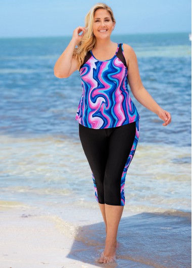 Rosewe Plus Size Wide Strap Printed Tankini Set - 2X