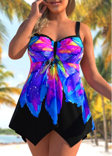 Rosewe Asymmetric Hem Plus Size Floral Print Swimdress and Panty - 3X