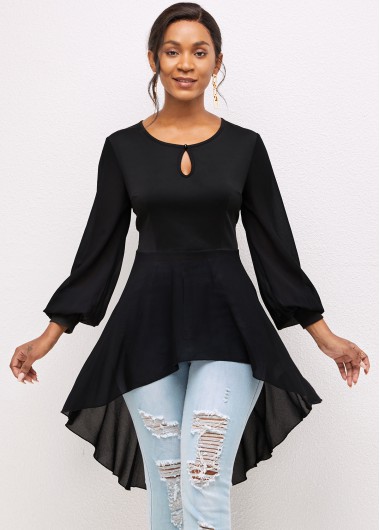 Rosewe Dip Hem Keyhole Neckline Chiffon Blouse - XXL