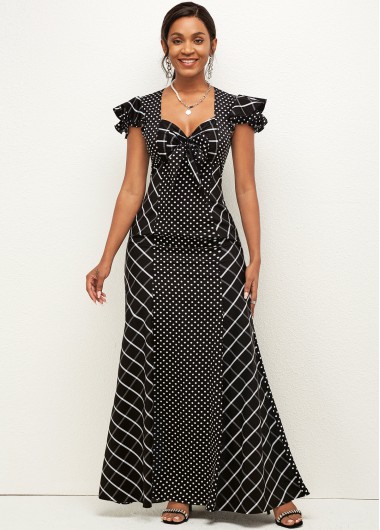 Rosewe Black Dresses Sweetheart Neckline Polka Dot Bowknot Dress - M