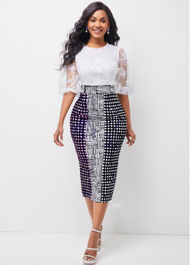 Rosewe Cocktail Party Dress Lace Stitching 3/4 Sleeve Geometric Print Dress - M