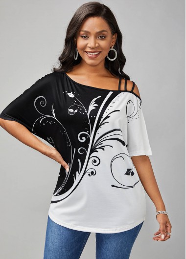 Rosewe Contrast Cold Shoulder Printed T Shirt - XXL