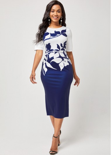 Rosewe Cocktail Party Dress Color Block Leaf Print Round Neck Dress - XXL