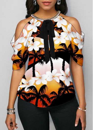 Rosewe Floral Print Cold Shoulder Bowknot Blouse - S