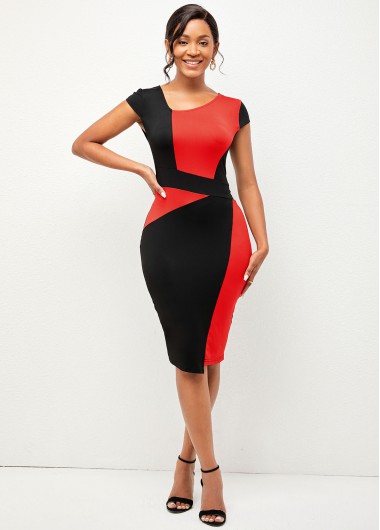 Rosewe Black Dresses V Neck Short Sleeve Contrast Dress - L