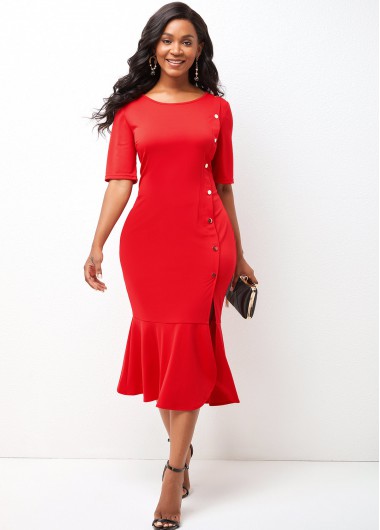 Rosewe Red Dresses Solid Round Neck Short Sleeve Mermaid Dress - L