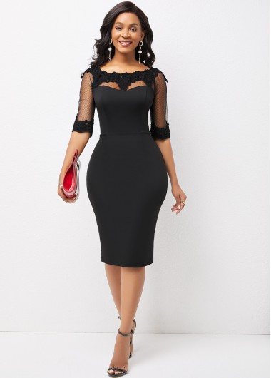 Rosewe Black Dresses 3/4 Sleeve Lace Stitching Mesh Panel Dress - L