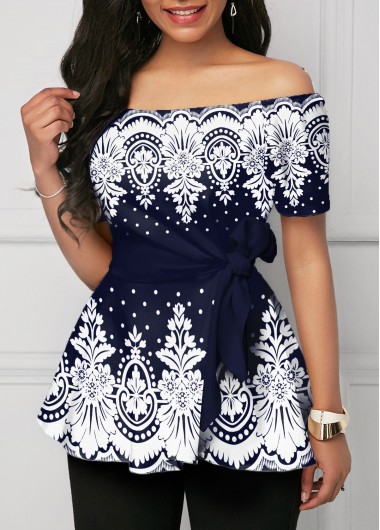 Rosewe Off Shoulder Short Sleeve Tribal Print Blouse - S