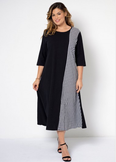 Rosewe Plus Size 3/4 Sleeve Plaid Dress - L