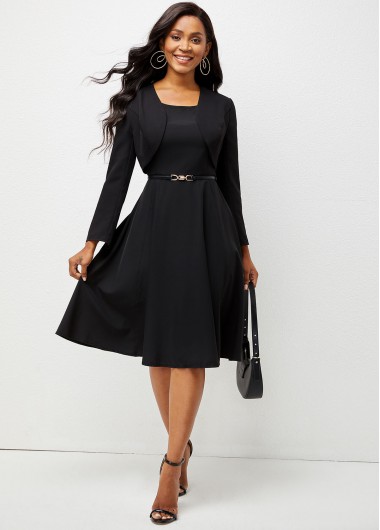 Rosewe Black Dresses 3/4 Sleeve Round Neck Solid Two Piece Dress - XXL