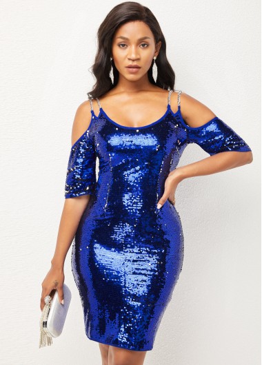 Rosewe Cocktail Party Dress Cold Shoulder Sequin Chain Detail Dress - M