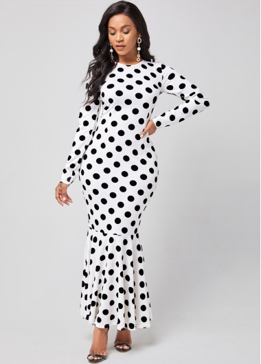 Rosewe Cocktail Party Dress Polka Dot Long Sleeve Round Neck Mermaid Dress - M