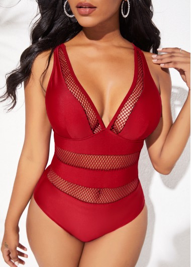 Rosewe Cross Strap Mesh Stitching Solid One Piece Swimwear - L