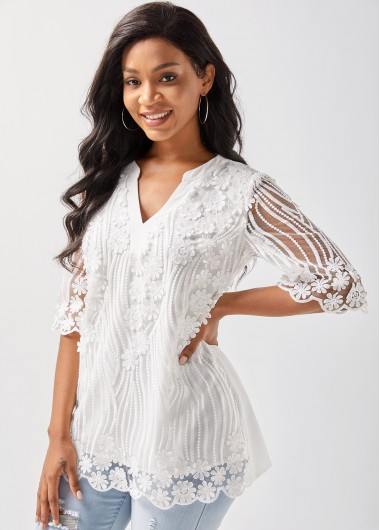 Rosewe Split Neck 3/4 Sleeve Lace Stitching T Shirt - M