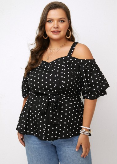Rosewe Cold Shoulder Plus Size Polka Dot Strappy T Shirt - L