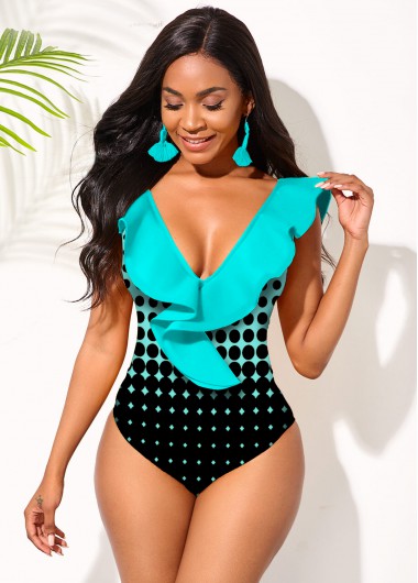 Rosewe Ombre Polka Dot Flounce One Piece Swimwear - L