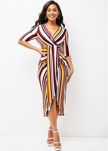 Rosewe Cocktail Party Dress V Neck Rainbow Color Crossover Hem Dress - M
