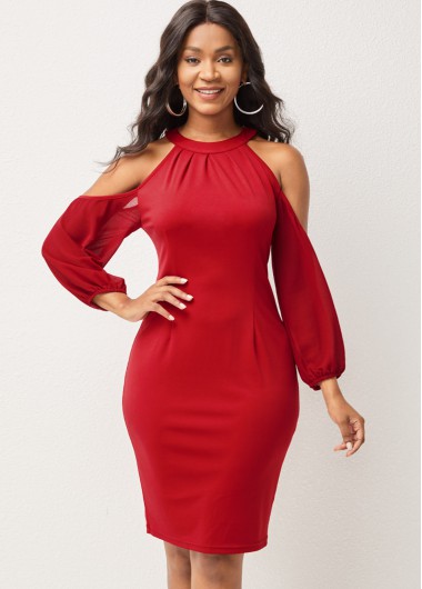 Rosewe Red Dresses Bib Neck Cold Shoulder 3/4 Sleeve Dress - XXL