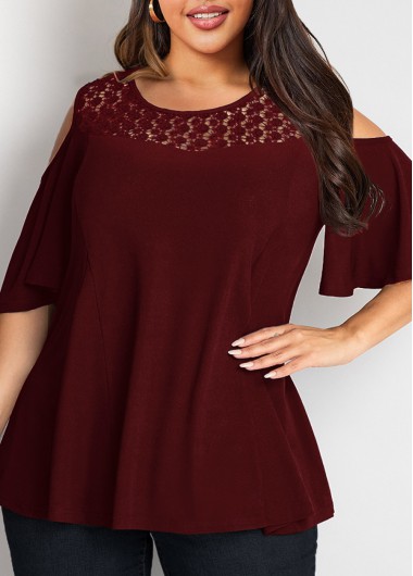 Rosewe Lace Stitching Cold Shoulder Plus Size T Shirt - 1X