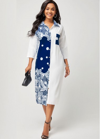 Rosewe White Dresses Turndown Collar Button Up Printed Dress - 2XL