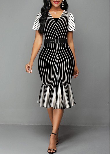 Rosewe Cocktail Party Dress Asymmetrical Neck Short Sleeve Striped Mermaid Dress - M