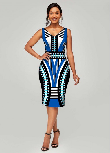 Rosewe Wedding Guest Dress Geometric Print Sleeveless V Neck Dress - XL