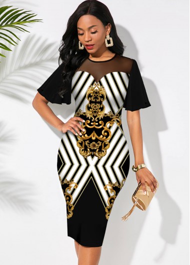 Rosewe Black Dresses Mesh Stitching Short Sleeve Baroque Print Dress - M