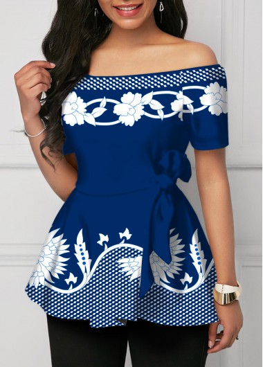 Rosewe Tie Side Geometric Print Off Shoulder T Shirt - M