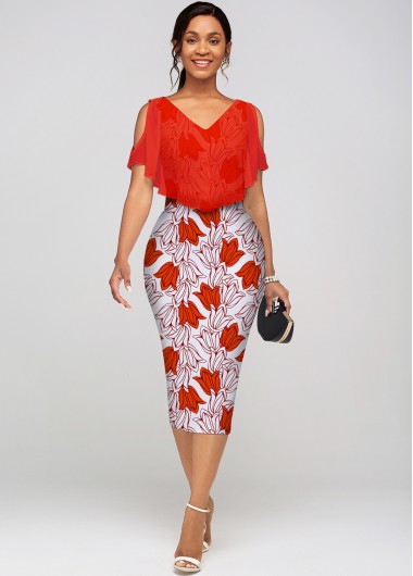 Rosewe Red Dresses Floral Print Cold Shoulder V Neck Dress - XXL