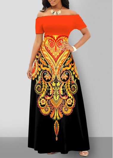 Halloween Rosewe Women Orange Tribal Print Off The Shoulder Maxi Cocktail Party Dress Short Sleeve High Waisted Elegant Dress - S