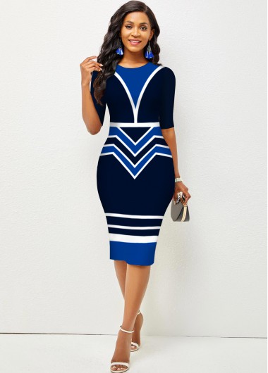 Rosewe Cocktail Party Dress Stripe and Geometric Print Round Neck Bodycon Dress - M