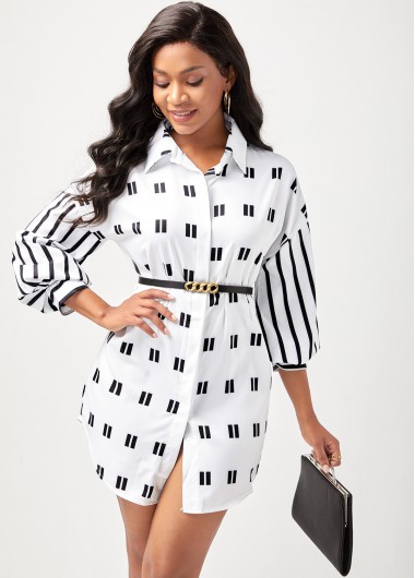 Rosewe Lantern Sleeve Turndown Collar Geometric Print Blouse - 2XL