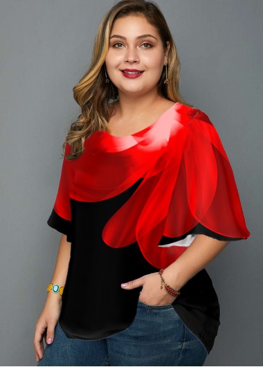 Rosewe Round Neck Plus Size Floral Print T Shirt - 1X