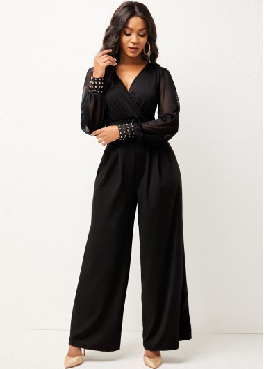 Rosewe Long Sleeve V Neck Rivet Jumpsuit - M