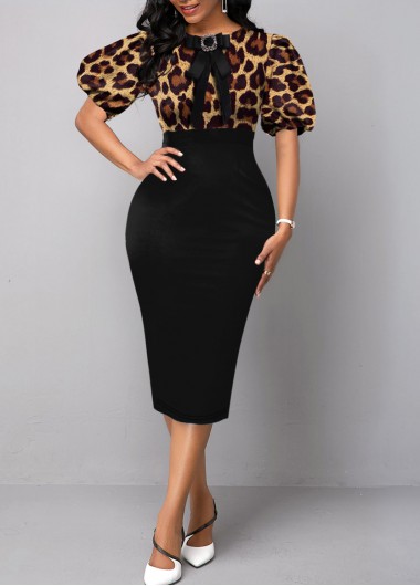 Rosewe Cocktail Party Dress Puff Sleeve Bowknot Leopard Bodycon Dress - XL