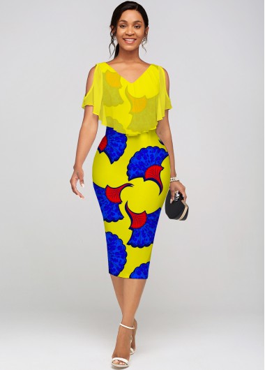 Rosewe Cocktail Party Dress V Neck Chiffon Cape Printed Dress - M